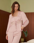 Silk & Lace Pajama Set 3 Pcs Pink - ulivary