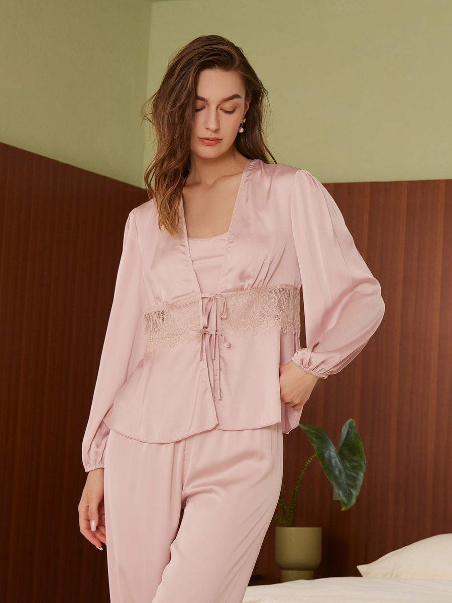 Silk & Lace Pajama Set 3 Pcs Pink - ulivary