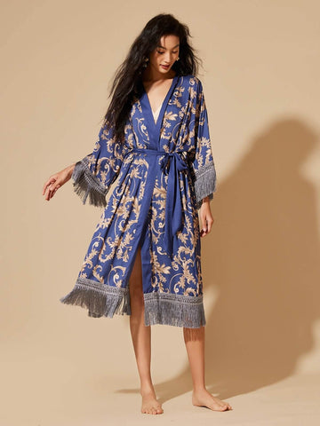 Buy Women's Long Kimono Robe,Silk Dressing Gown Satin Nightwear Bathrobe,Elegant  Crane Printing,Blue,XL Online at desertcartINDIA
