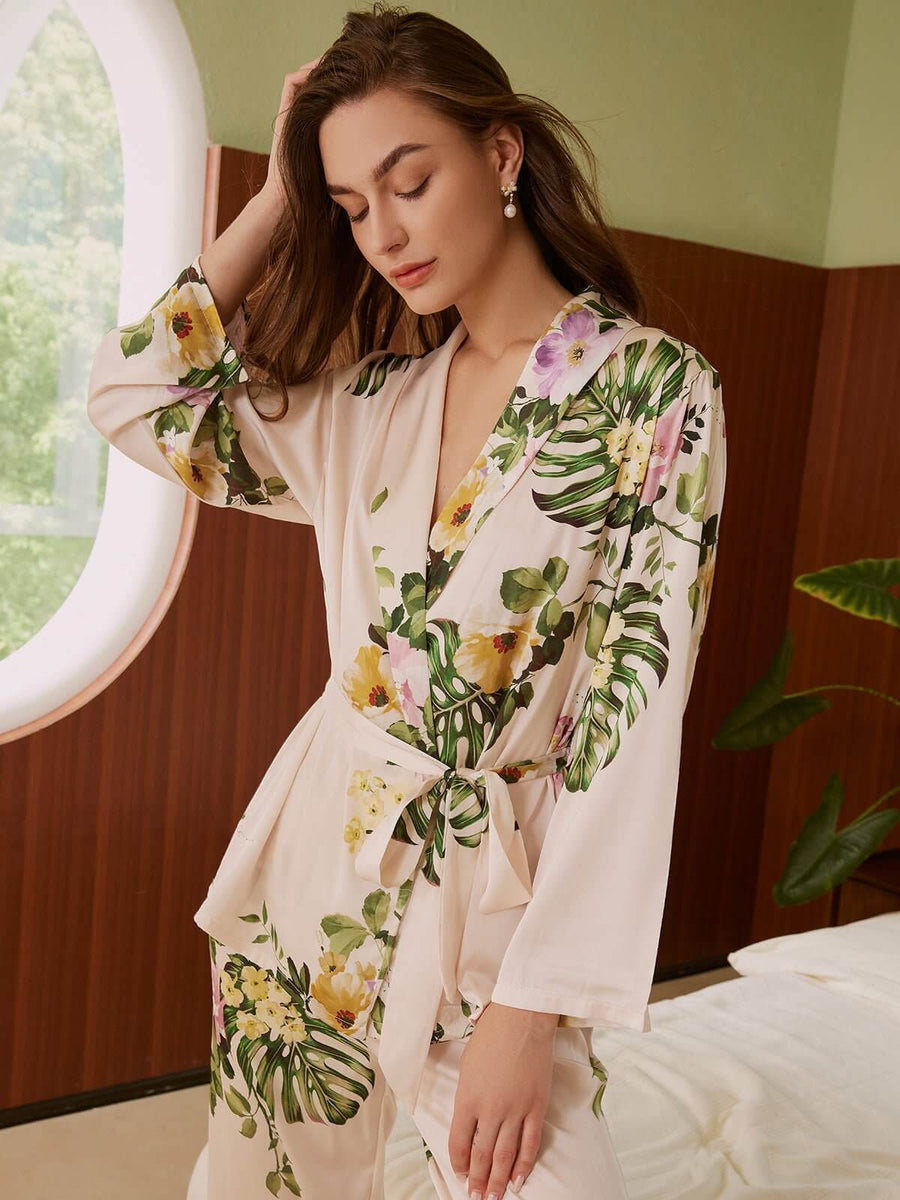 Tropical Floral Printed Pajama Set 2 Pcs Luxury Short Robe | Ulivary Tropical Floral Printed Pajama Set 2 Pcs Luxury Short Robe | Ulivary