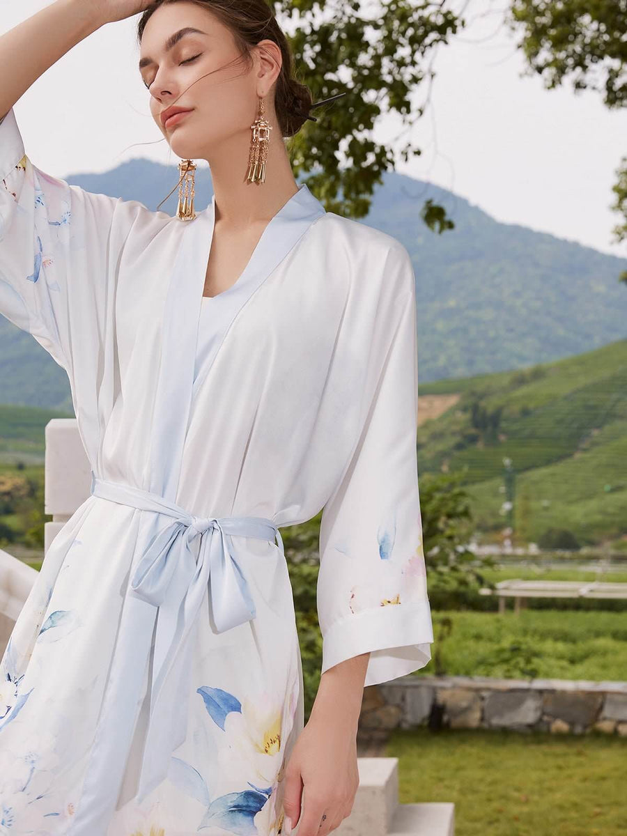 White Botan Silk Kimono Robe - ulivary