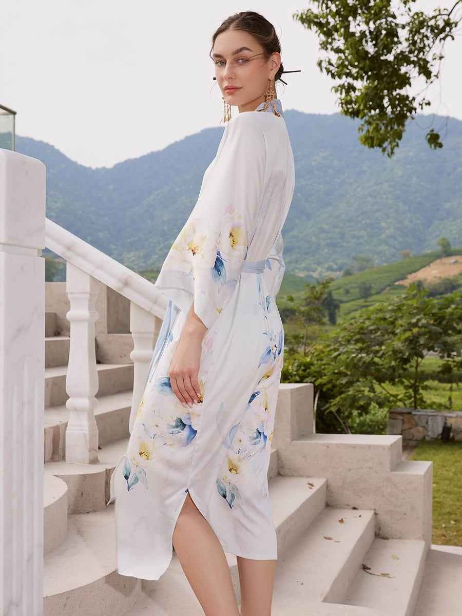 White Botan Silk Kimono Robe - ulivary