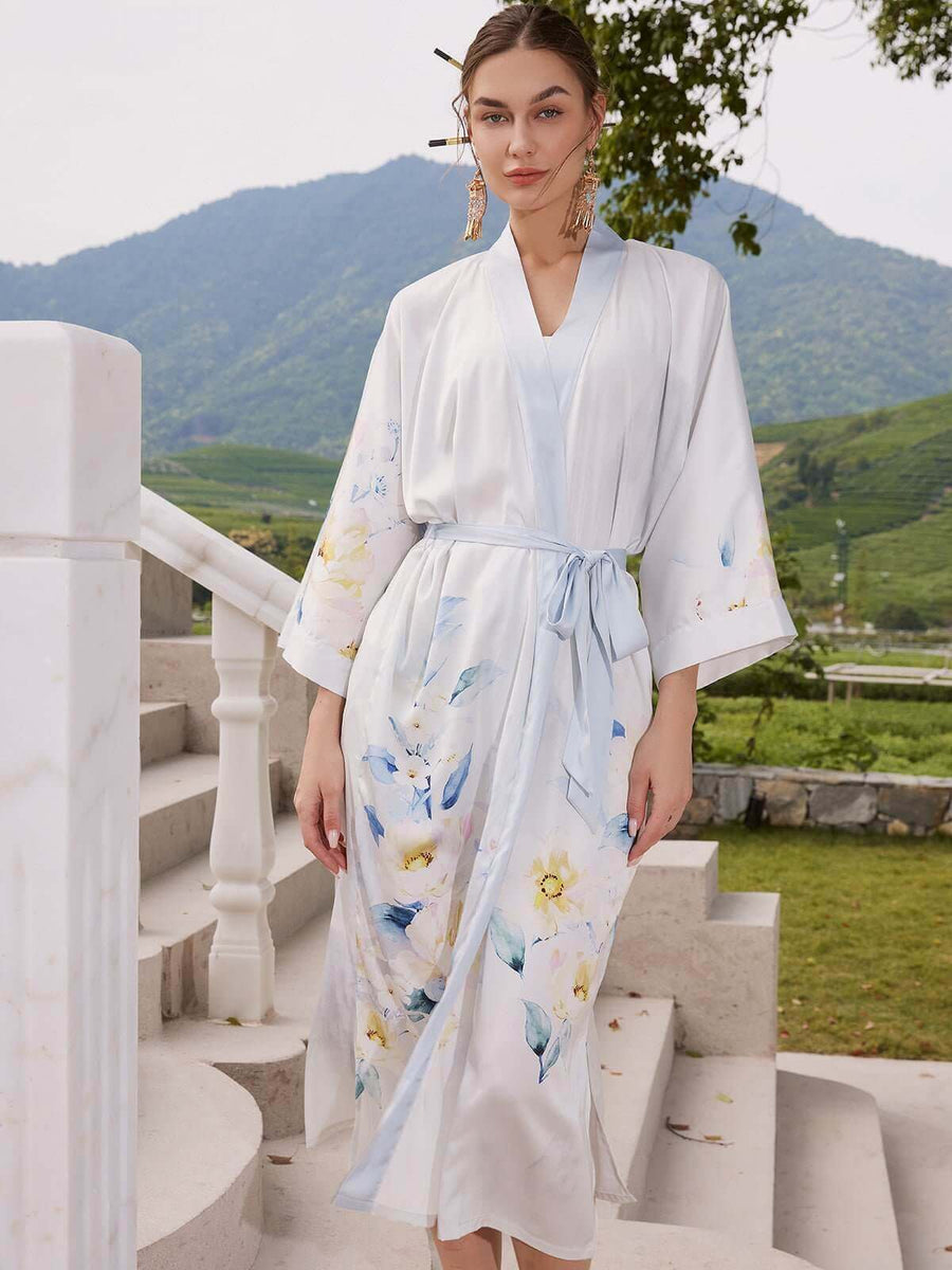 White Botan Silk Kimono Robe - ulivary